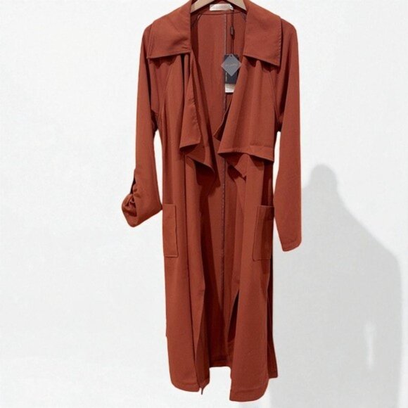 NWT J.ING Jing Brick Red Lightweight Wrap Coat with Tie - Picture 6 of 7